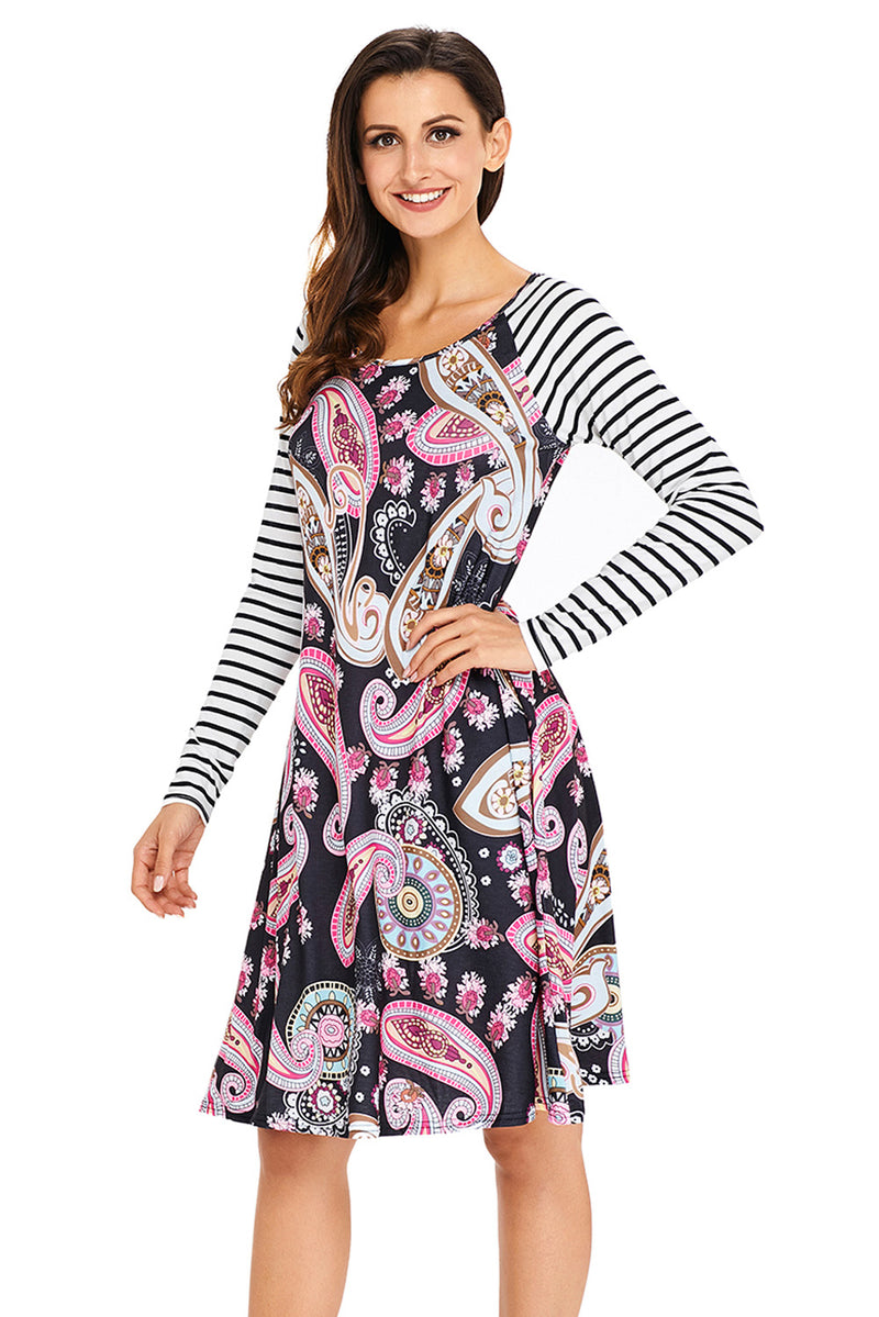 Black Paisley Print Stripe Raglan Sleeve Dress