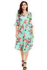 Green 3/4 Bell Sleeve Floral Midi Dress