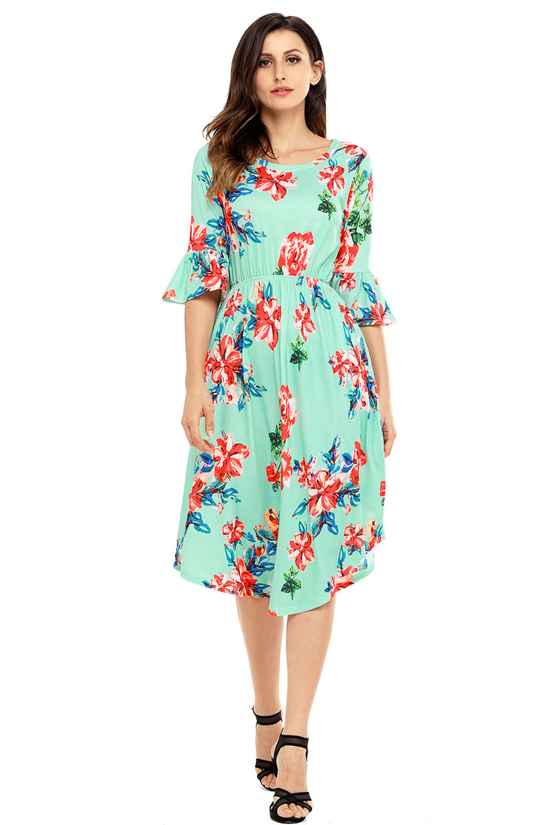 Green 3/4 Bell Sleeve Floral Midi Dress