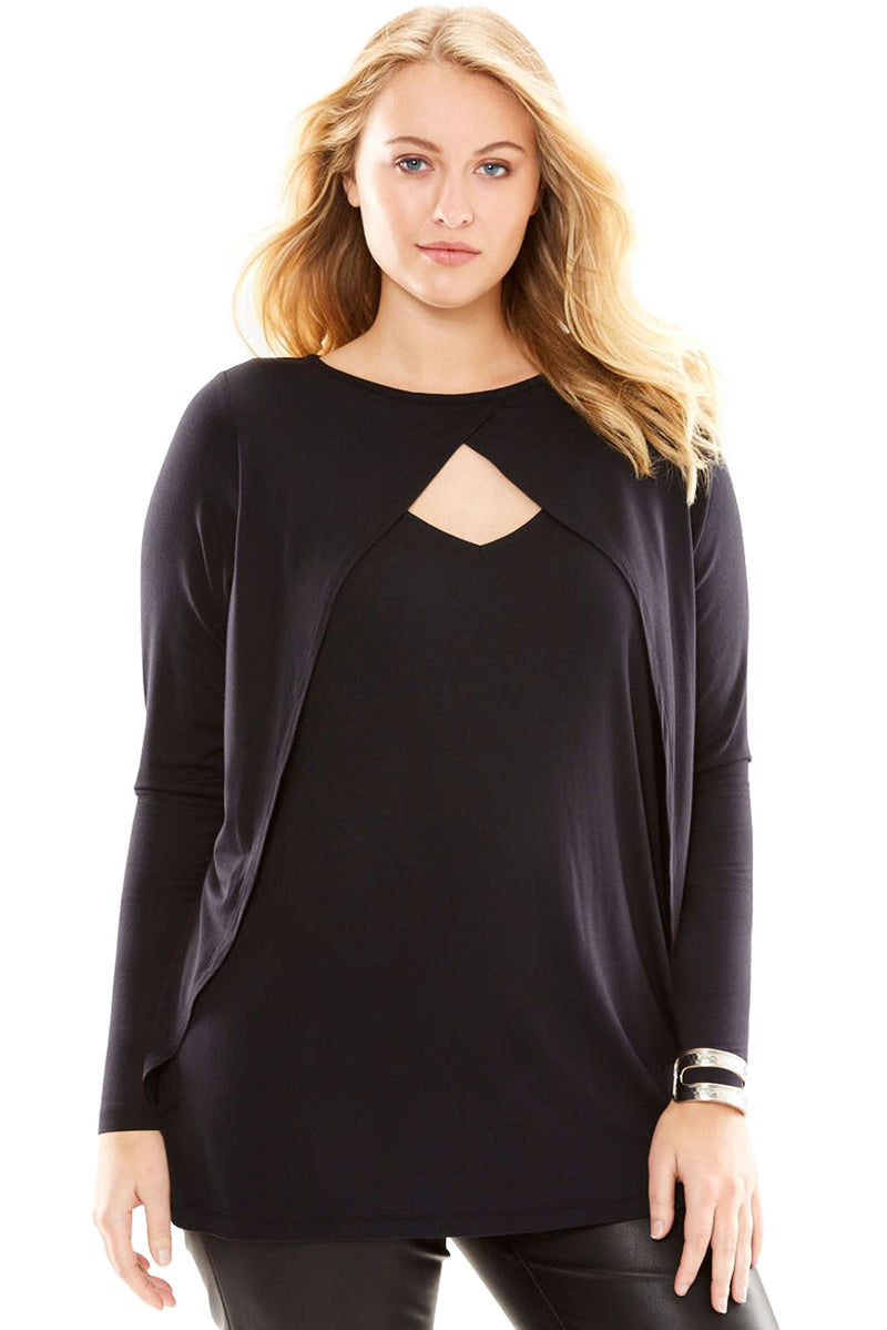 Black Long Sleeve Keyhole Drape Plus Size Top