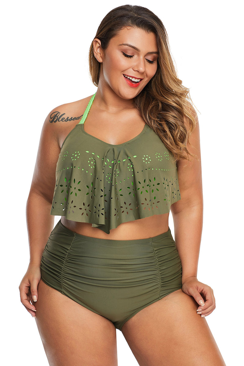 Green Allure Juniors Plus Size Laser Cut Flounce Swimwear