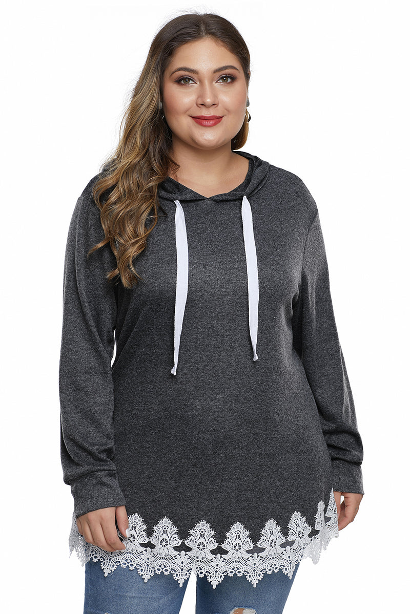 Gray Plus Size Supersoft Hoodie Sweatshirt With Lace Trim