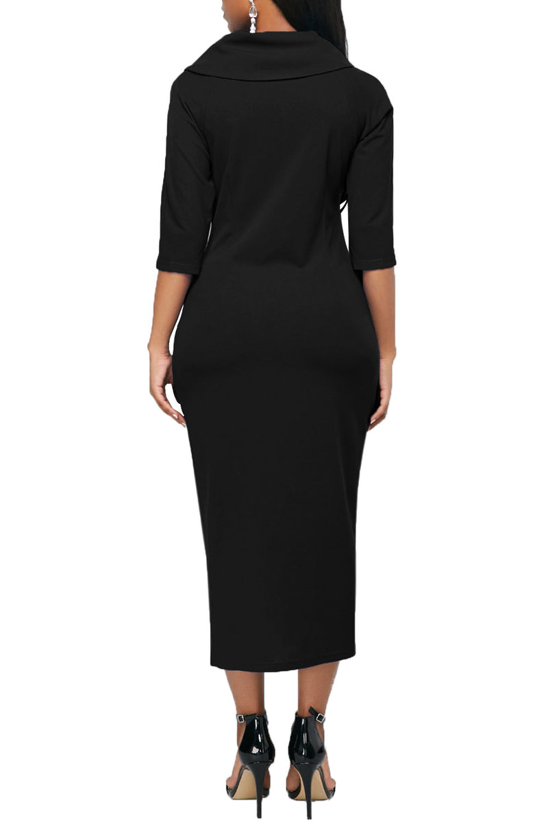 Black Button Up Front Slit Sheath Midi Dress