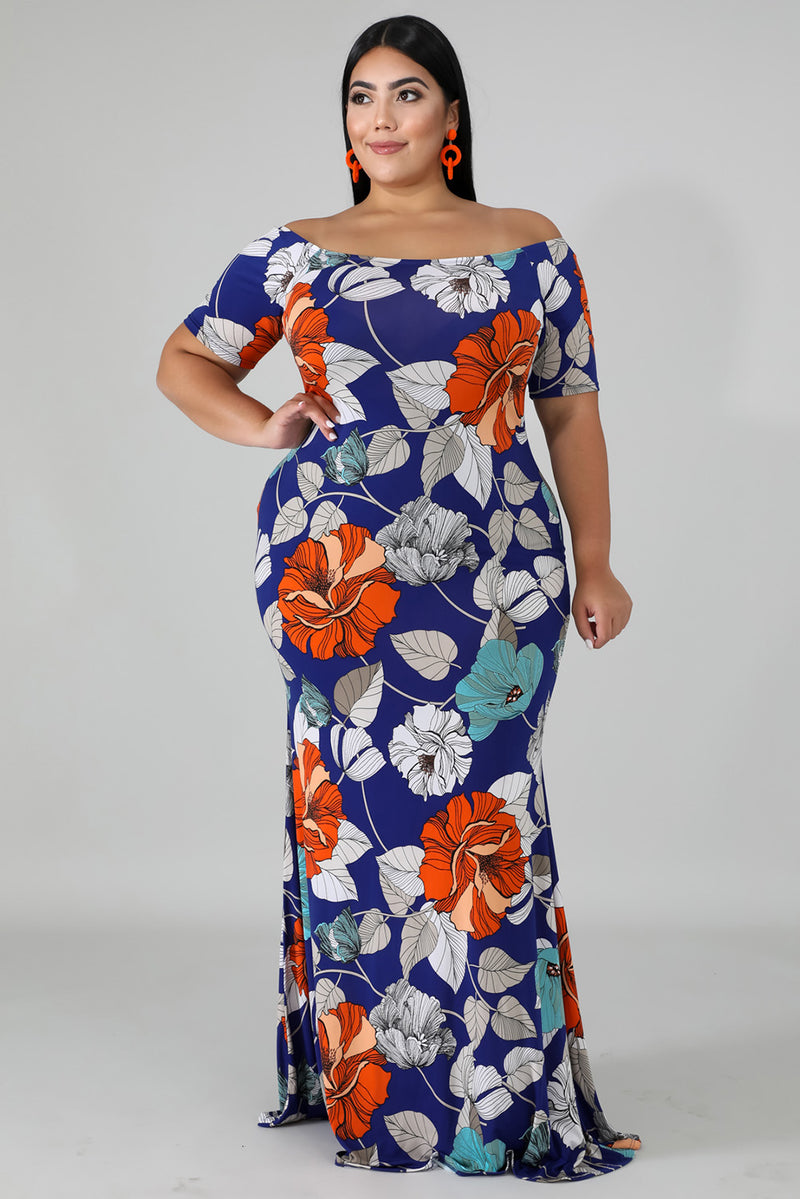 Blue Off-the-shoulder Floral Print Plus Size Maxi Dress