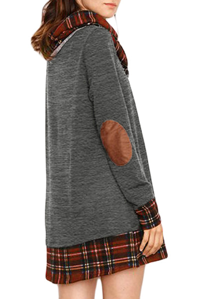 Charcoal Plaid Elbow Patch Cowl Neck Dress