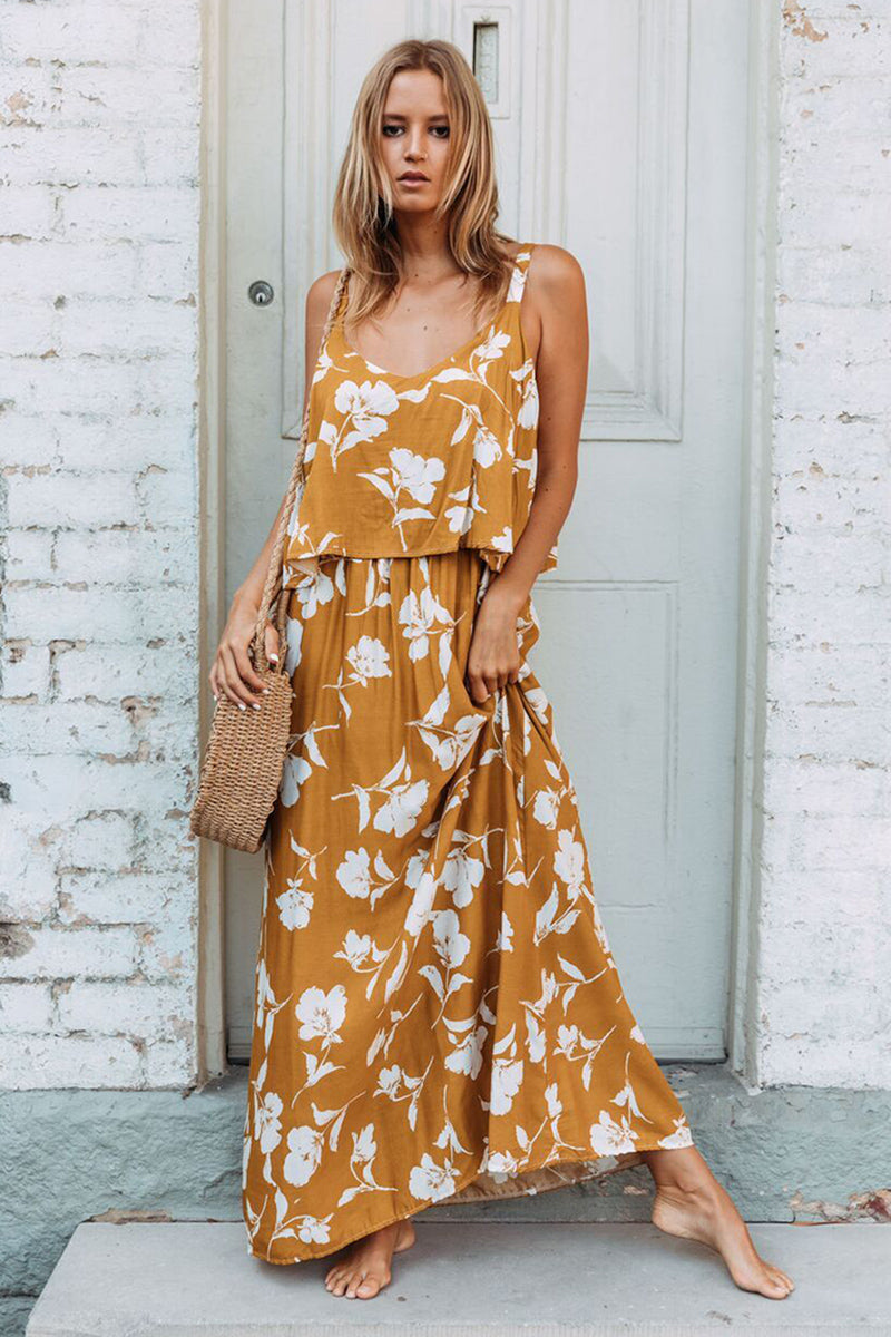 Chic Summer Boho Floral Maxi Dress in Mustard