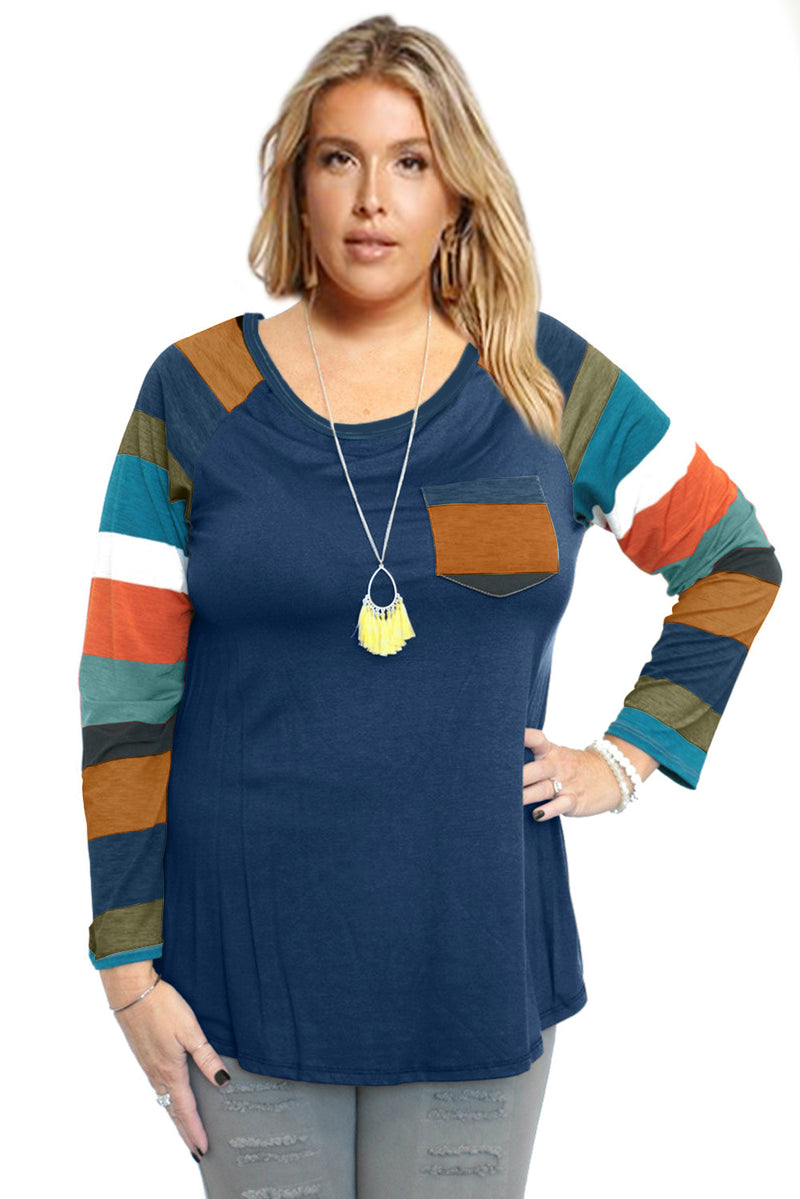 Autumn Chill Top With Front Pocket & Striped Contrast Sleeves In Blue