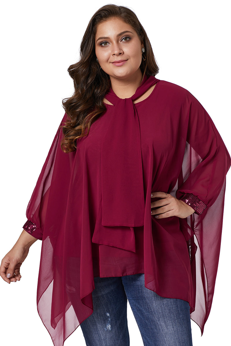 Burgundy Long Sleeve Chiffon Overlay Plus Size Blouse