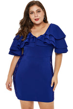 Blue Cascading Shoulder Lace Insert Plus Size Dress