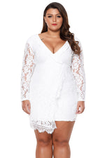 White Plus Size Lace Faux Wrap Ruffle Dress