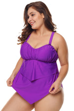 Purple Pleated Detail Plus Size Two Piece Swimsuit