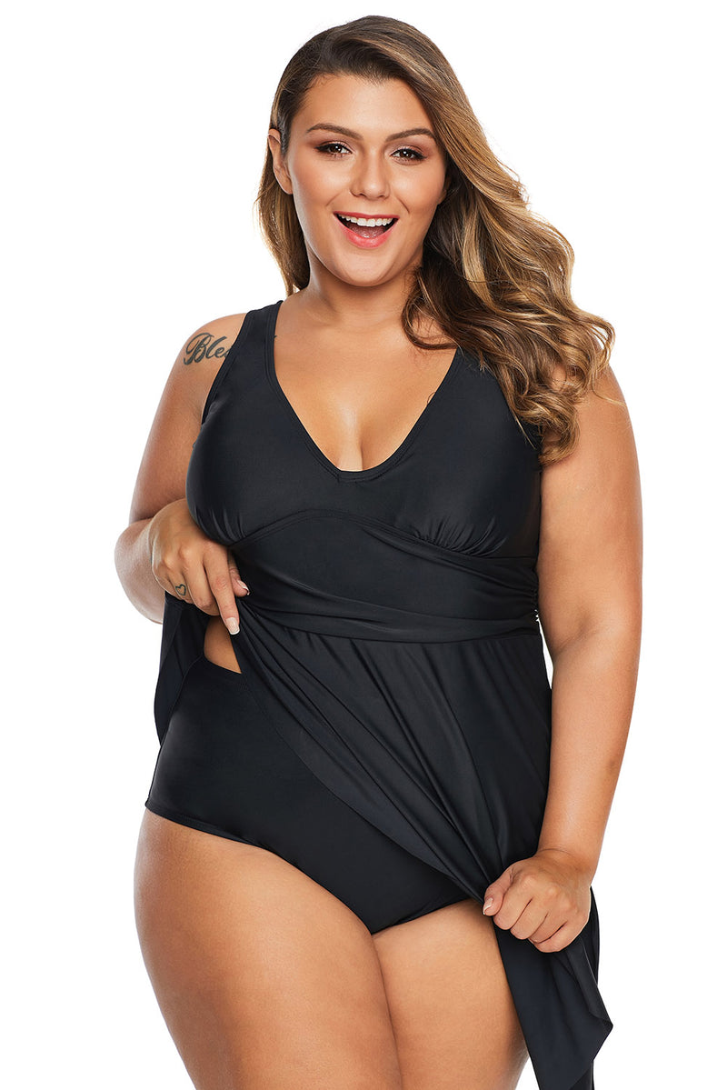 Black Plus Size V Neck Skater Swimdress Swimwear