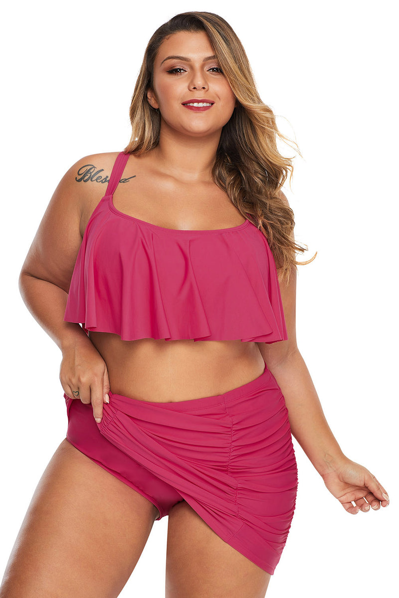 Red Strappy Ruffle Plus Size Two Piece Swimwear