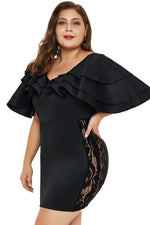 Black Cascading Shoulder Lace Insert Plus Size Dress