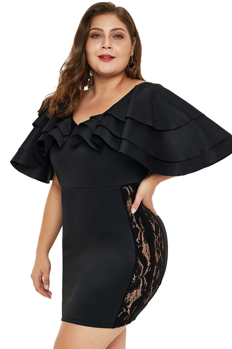 Black Cascading Shoulder Lace Insert Plus Size Dress