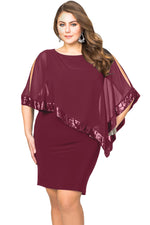 Burgundy Sequined Mesh Overlay Plus Size Poncho Dress