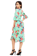 Green 3/4 Bell Sleeve Floral Midi Dress