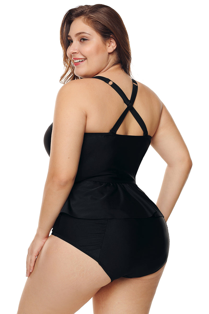 Black Moulded Cups Peplum Plus Size Bikini