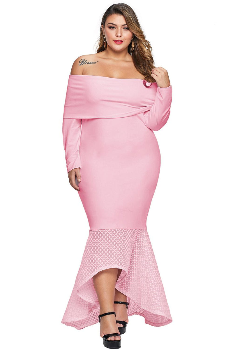 Pink Overlay Off Shoulder Fishtail Plus Size Maxi Dress