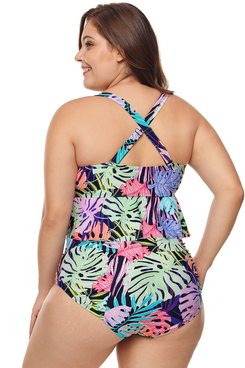 Plus Size Tropical Print Ruffle Two Piece Swimwear