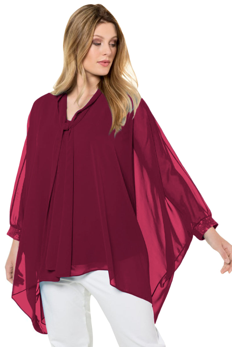 Burgundy Long Sleeve Chiffon Overlay Plus Size Blouse