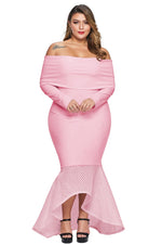 Pink Overlay Off Shoulder Fishtail Plus Size Maxi Dress