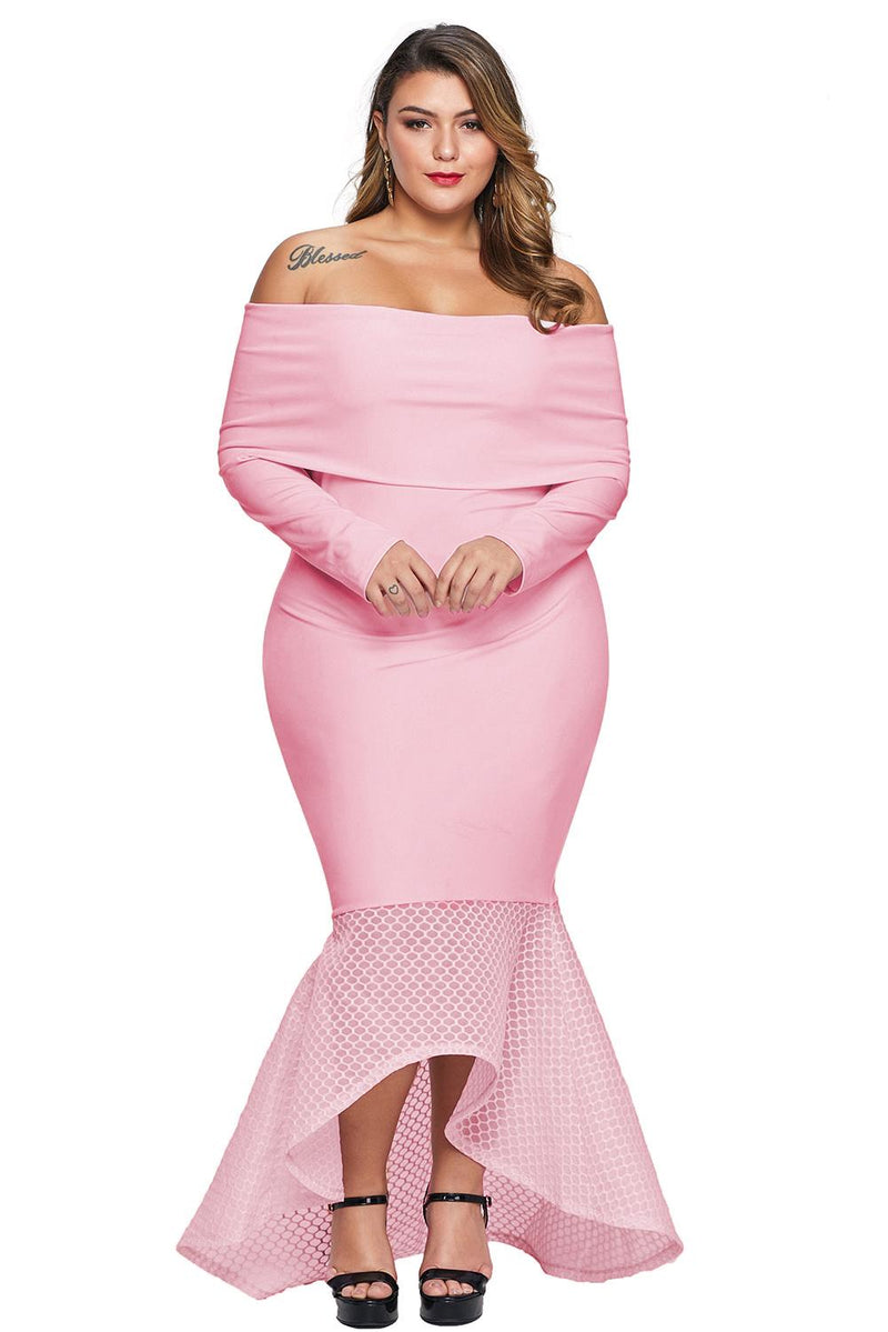 Pink Overlay Off Shoulder Fishtail Plus Size Maxi Dress