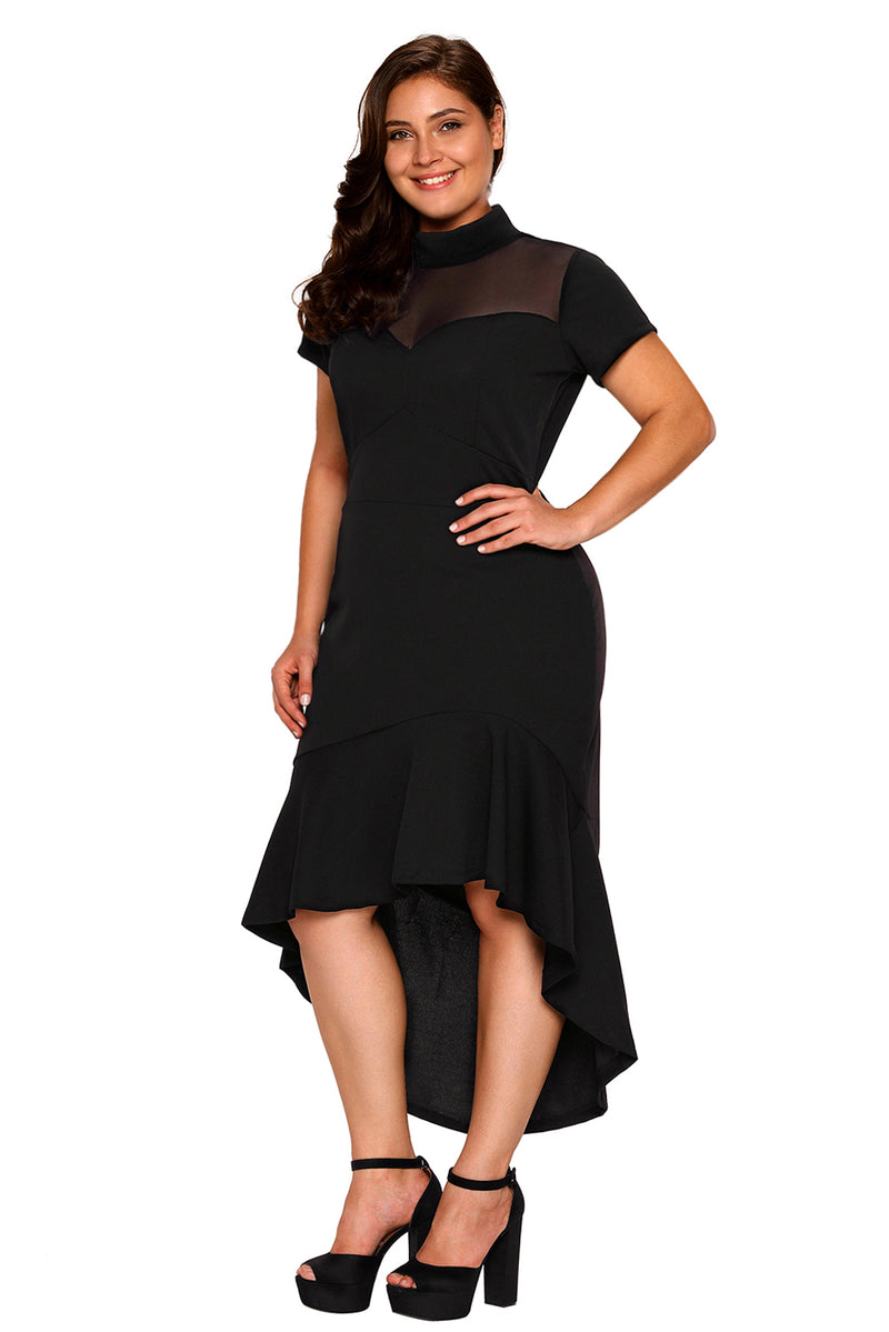 Black Mesh Insert Ruffled Hi-low Hem Curvy Dress