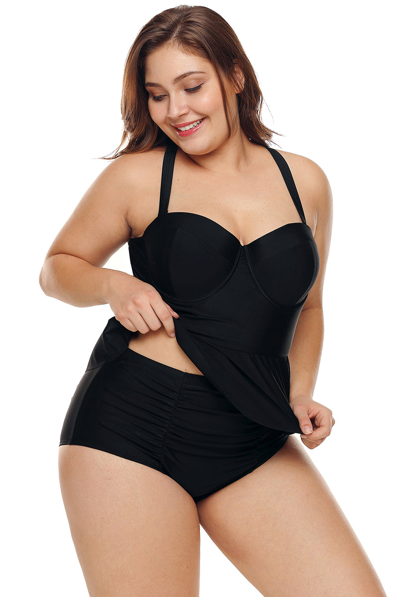 Black Moulded Cups Peplum Plus Size Bikini