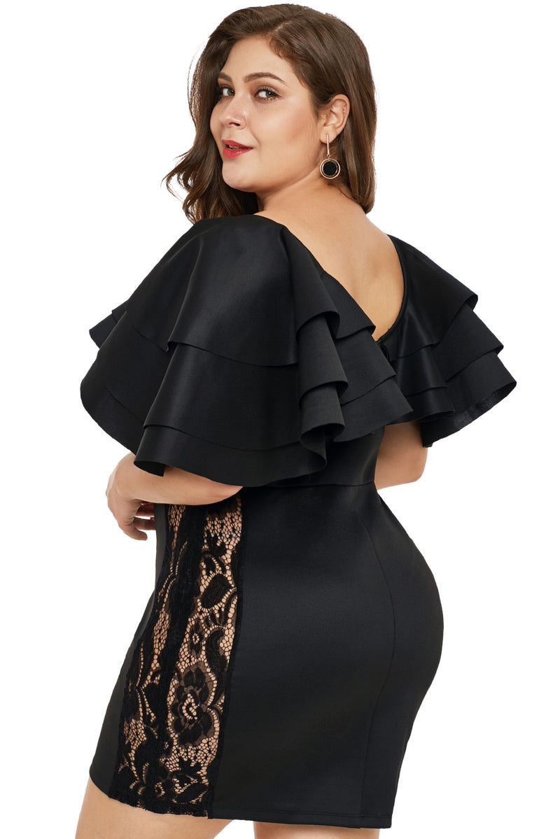 Black Cascading Shoulder Lace Insert Plus Size Dress