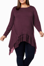 Burgundy Sheer Ruffled Splice Plus Size Top