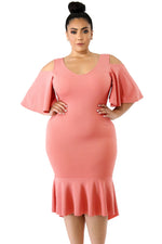 Salmon Flutter Sleeve Cold Shoulder Plus Size Dress