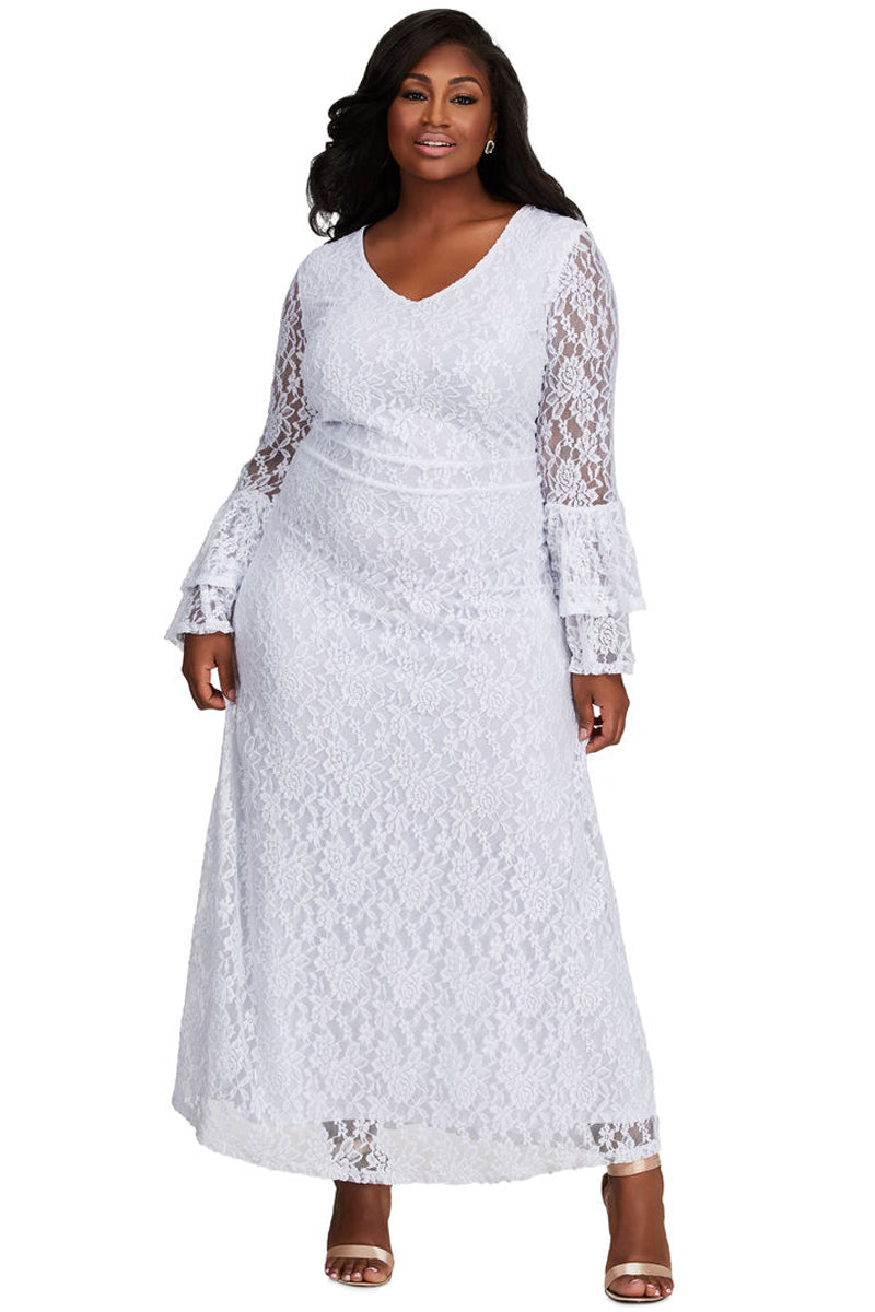 White Lace Bell Sleeve Plus Size Maxi Dress