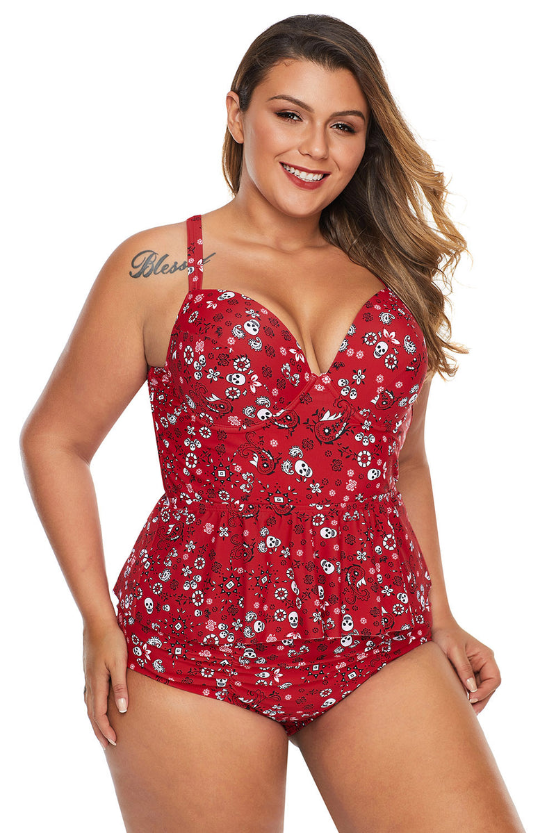 Red Print Moulded Cups Peplum Plus Size Bikini