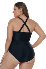 Solid Black Crisscross Plunge V Neck Plus Maillot Swimwear