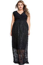 Sexy V Neck Floral Lace Maxi Skirt Plus Dress