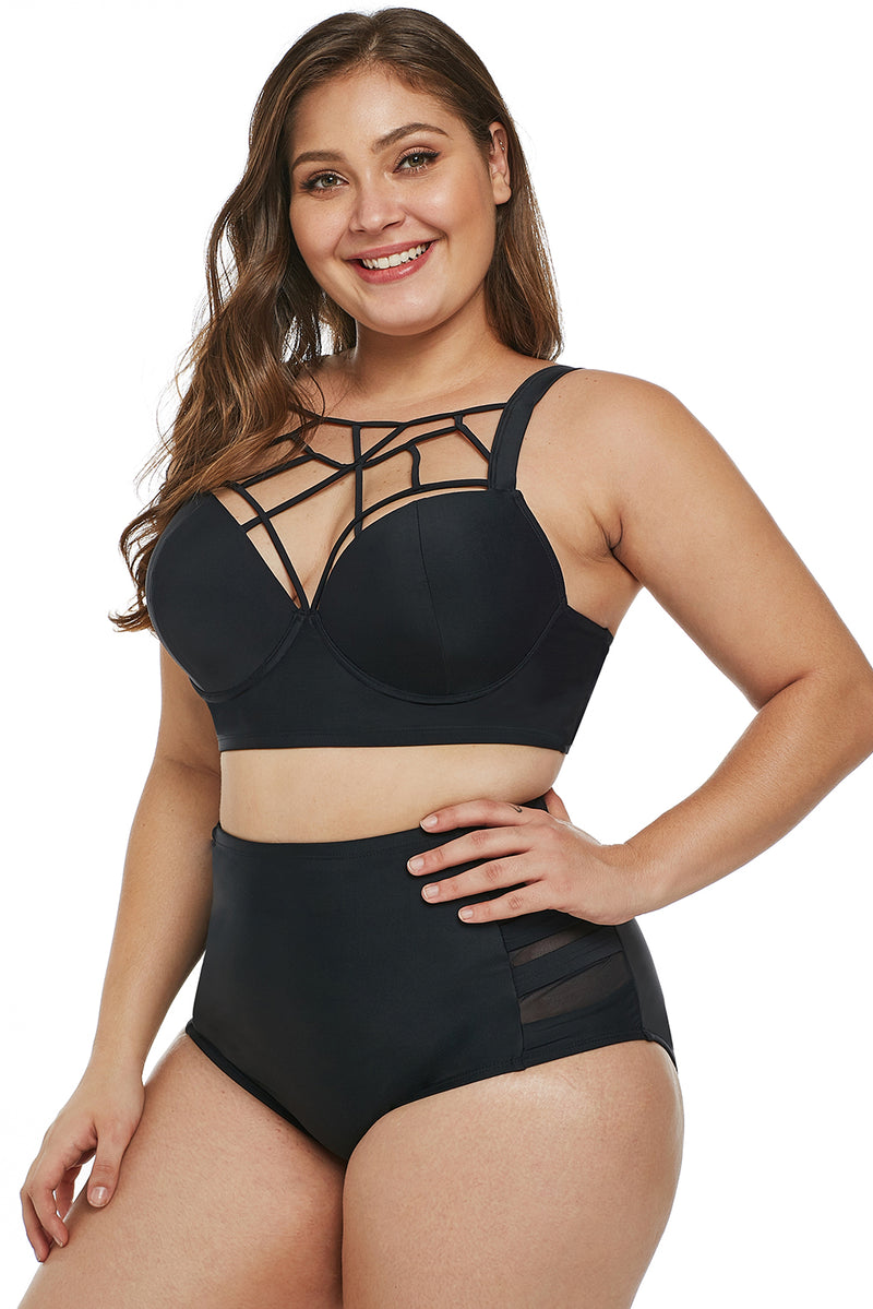 Black Caged Push-Up Balconette Plus Size High Waist Bikini