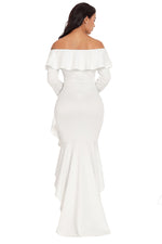 White Lantern Sleeve Asymmetric Ruffle Hem Evening Dress