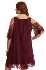 Burgundy Plus Size Lace Cold Shoulder Trapeze Dress
