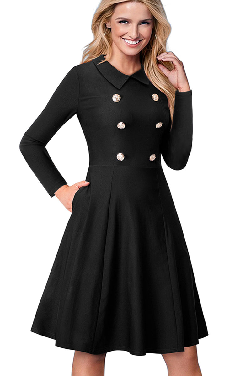 Black Double Breasted Vintage Flared Dress