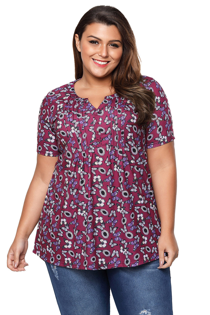 Burgundy Butterfly Floral Pin Tuck Plus Size Blouse