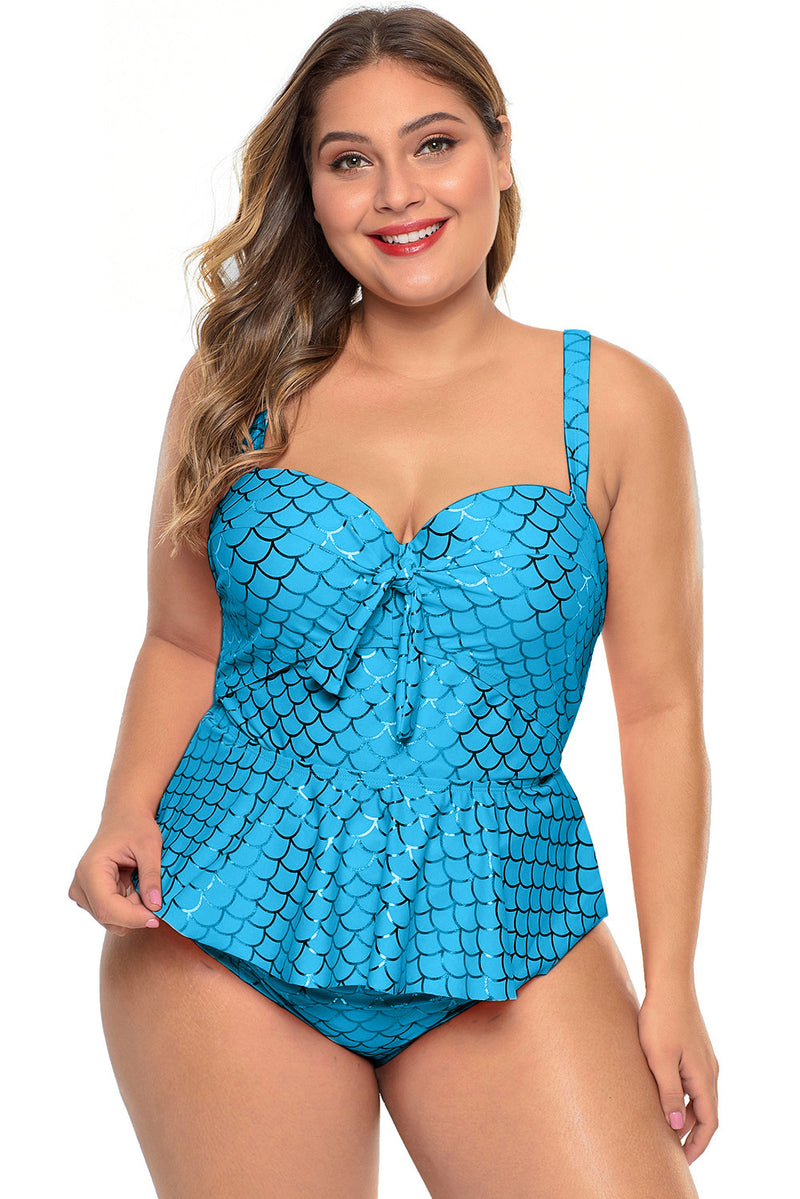 Sky Blue Plus Size Halter Neck Peplum Tankini