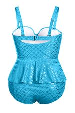 Sky Blue Plus Size Halter Neck Peplum Tankini