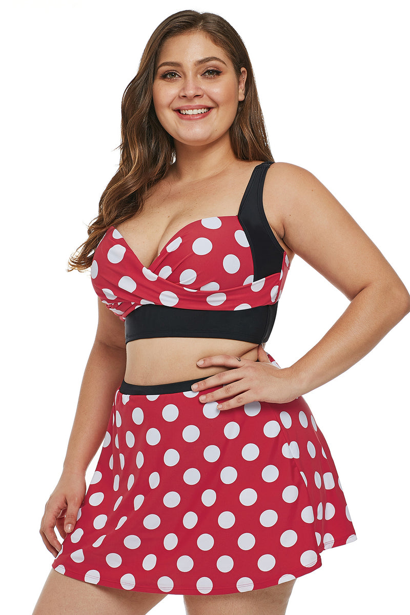 Plus Size Polka Dot White Red Bikini Top with Swim Skirt