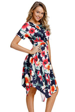 Navy Floral Print Twist Front Handkerchief Hem Dress