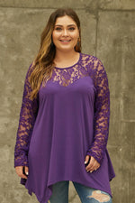 Purple Plus Size Lace Yoke Stitching Asymmetic Hemline Top