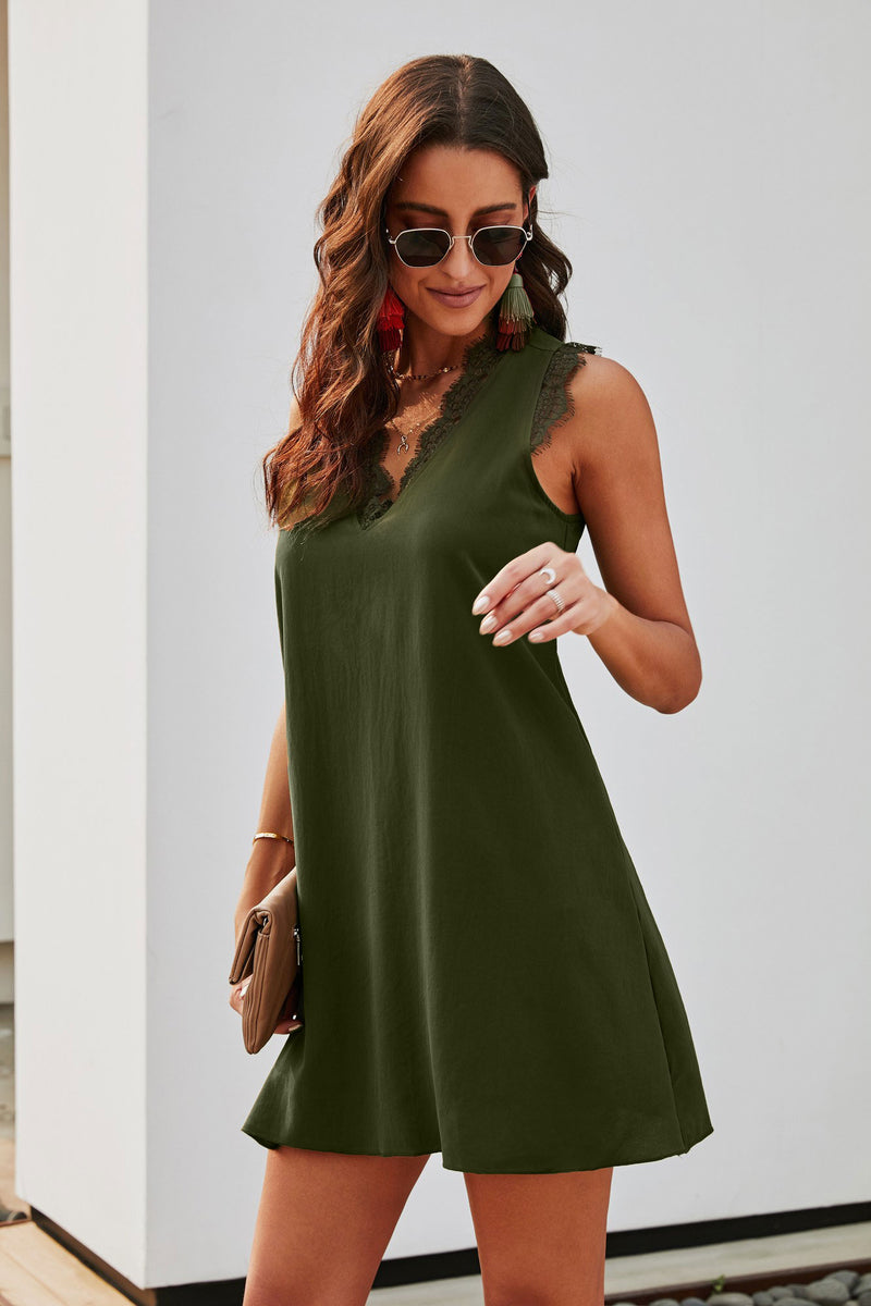 Green Eyelash V Neck Sleeveless Shift Mini Dress