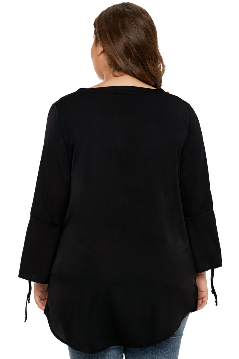 Black Lace Up Bell Sleeve Plus Size Top