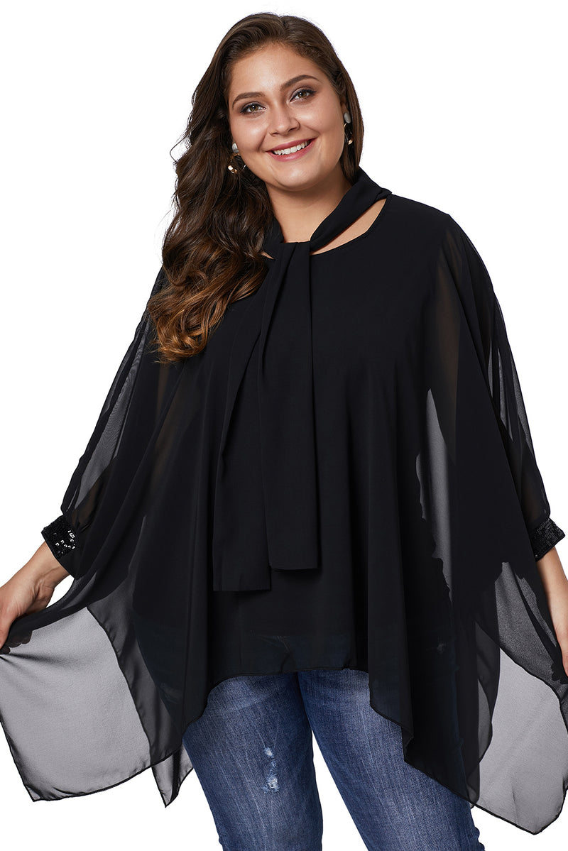 Black Long Sleeve Chiffon Overlay Plus Size Blouse