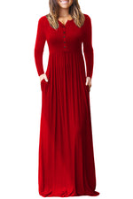 Red Long Sleeve Button Down Casual Maxi Dress